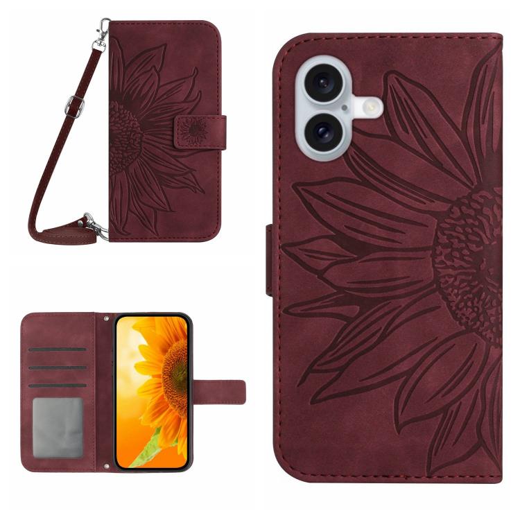 Skin Feel ひまわり型エンボス加工 フリップレザーケース ストラップ付き、iPhone 17e / 16e用、iPhone 17 Pro Max用、iPhone 17 Pro用、iPhone 17用