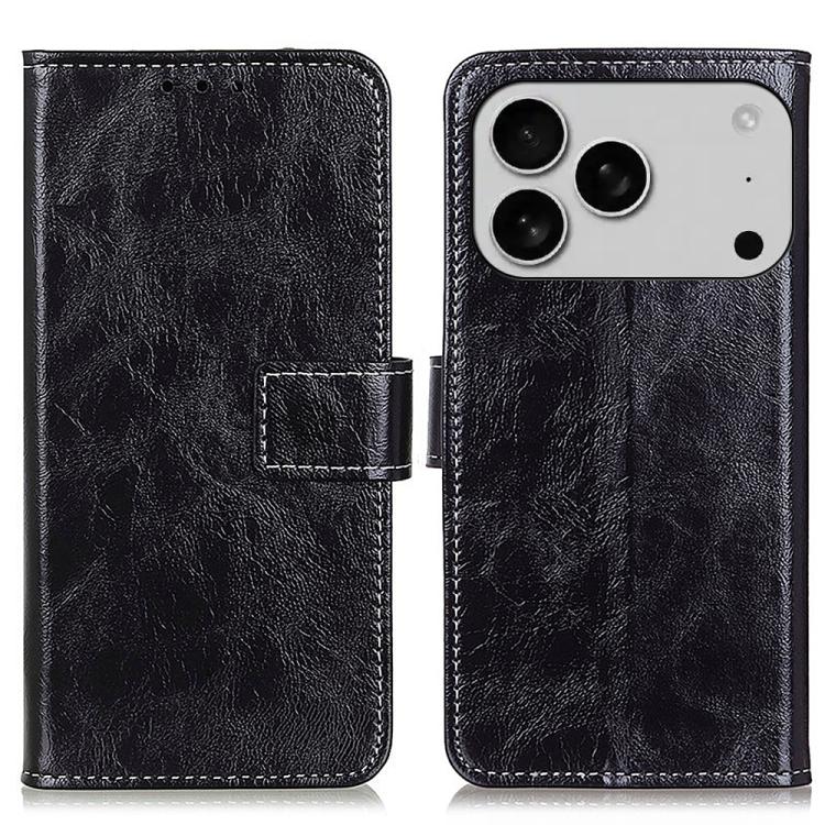 レトロクレイジーホーステクスチャー横開きレザースマホケース、iPhone 16e / 17e用、iPhone 17 Pro Max用、iPhone 17 Pro用、iPhone 17用、iPhone Air用、iPhone 16 Pro Max用、iPhone 16 Pro用、iPhone 16 Plus用、iPhone 16用