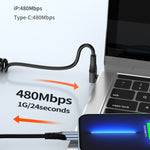 エルボースプリング充電データケーブル、長さ：1.5m、Type-Cから8ピン、Type-Cから8ピン＋Type-C