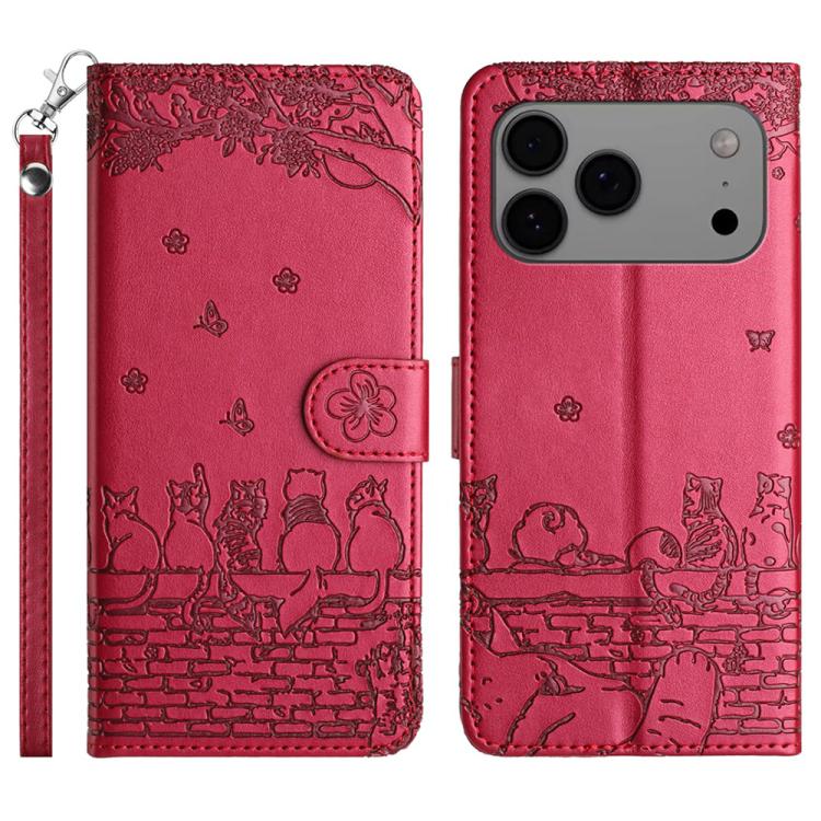猫の型押しパターンレザーフォンケースストラップ付き、iPhone 16e / 17e用、iPhone 17 Pro Max用、iPhone 17 Pro用、iPhone 17用、iPhone Air用、iPhone 16 Pro Max用、iPhone 16 Pro用、iPhone 16 Plus用、iPhone 16用