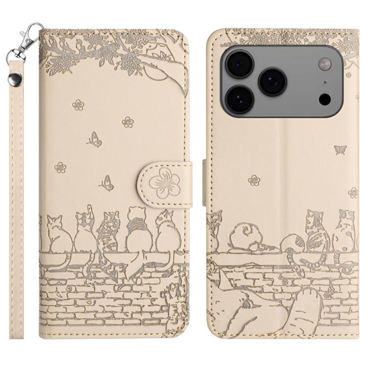 猫の型押しパターンレザーフォンケースストラップ付き、iPhone 16e / 17e用、iPhone 17 Pro Max用、iPhone 17 Pro用、iPhone 17用、iPhone Air用、iPhone 16 Pro Max用、iPhone 16 Pro用、iPhone 16 Plus用、iPhone 16用