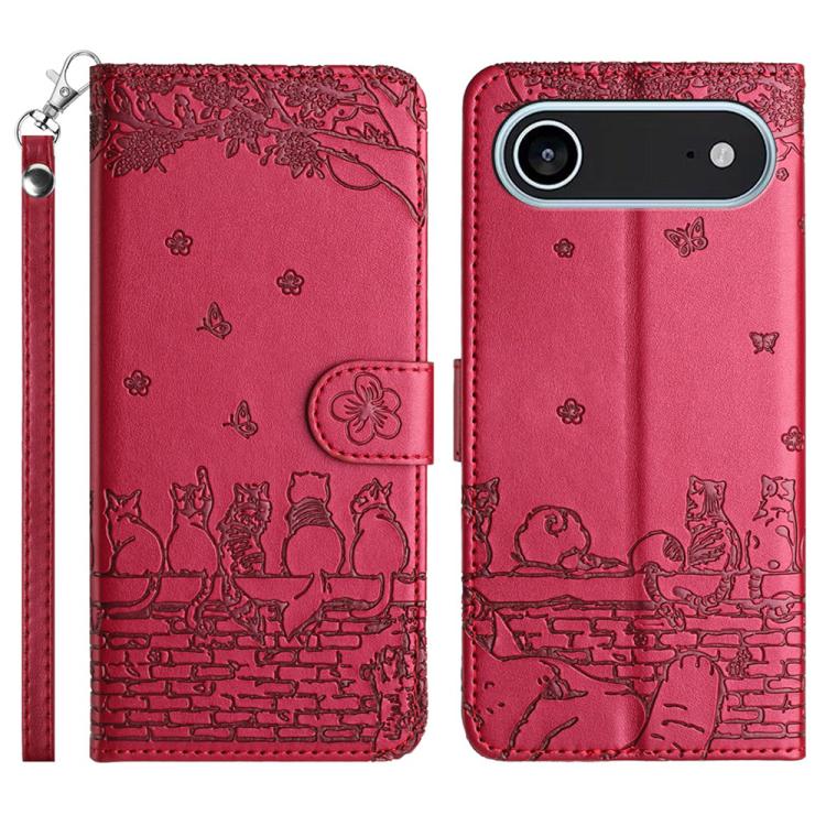 猫の型押しパターンレザーフォンケースストラップ付き、iPhone 16e / 17e用、iPhone 17 Pro Max用、iPhone 17 Pro用、iPhone 17用、iPhone Air用、iPhone 16 Pro Max用、iPhone 16 Pro用、iPhone 16 Plus用、iPhone 16用