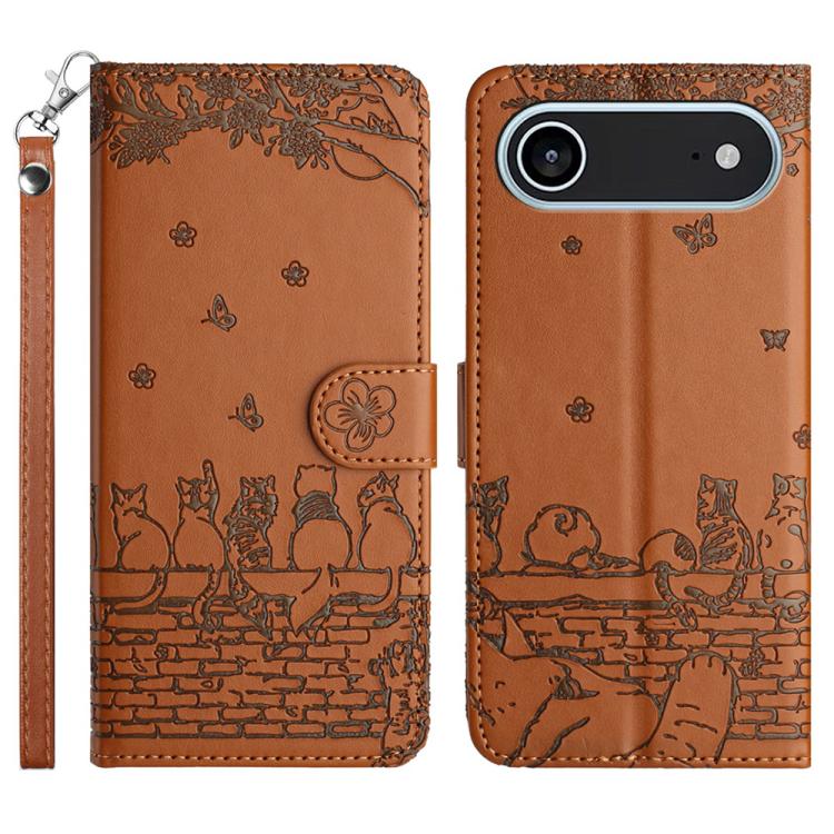 猫の型押しパターンレザーフォンケースストラップ付き、iPhone 16e / 17e用、iPhone 17 Pro Max用、iPhone 17 Pro用、iPhone 17用、iPhone Air用、iPhone 16 Pro Max用、iPhone 16 Pro用、iPhone 16 Plus用、iPhone 16用