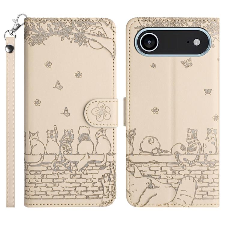 猫の型押しパターンレザーフォンケースストラップ付き、iPhone 16e / 17e用、iPhone 17 Pro Max用、iPhone 17 Pro用、iPhone 17用、iPhone Air用、iPhone 16 Pro Max用、iPhone 16 Pro用、iPhone 16 Plus用、iPhone 16用