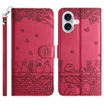 猫の型押しパターンレザーフォンケースストラップ付き、iPhone 16e / 17e用、iPhone 17 Pro Max用、iPhone 17 Pro用、iPhone 17用、iPhone Air用、iPhone 16 Pro Max用、iPhone 16 Pro用、iPhone 16 Plus用、iPhone 16用