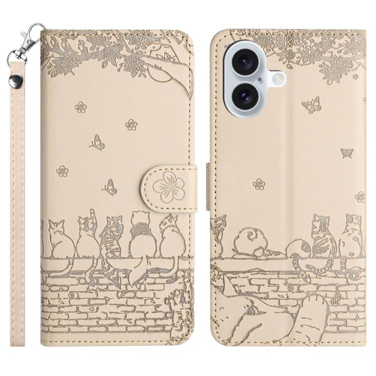 猫の型押しパターンレザーフォンケースストラップ付き、iPhone 16e / 17e用、iPhone 17 Pro Max用、iPhone 17 Pro用、iPhone 17用、iPhone Air用、iPhone 16 Pro Max用、iPhone 16 Pro用、iPhone 16 Plus用、iPhone 16用