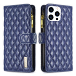 ダイヤモンド格子柄 ファスナー付き財布 レザーフリップフォンケース、iPhone 17 Pro Max用、iPhone 17 Pro用、iPhone 17用、iPhone Air用、iPhone 16 Pro Max用、iPhone 16 Pro用、iPhone 16 Plus用、iPhone 16用