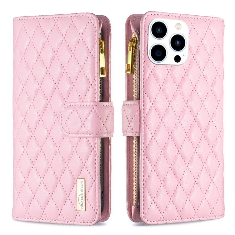 ダイヤモンド格子柄 ファスナー付き財布 レザーフリップフォンケース、iPhone 17 Pro Max用、iPhone 17 Pro用、iPhone 17用、iPhone Air用、iPhone 16 Pro Max用、iPhone 16 Pro用、iPhone 16 Plus用、iPhone 16用