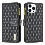 ダイヤモンド格子柄 ファスナー付き財布 レザーフリップフォンケース、iPhone 17 Pro Max用、iPhone 17 Pro用、iPhone 17用、iPhone Air用、iPhone 16 Pro Max用、iPhone 16 Pro用、iPhone 16 Plus用、iPhone 16用
