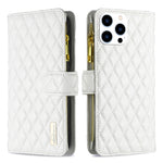 ダイヤモンド格子柄 ファスナー付き財布 レザーフリップフォンケース、iPhone 17 Pro Max用、iPhone 17 Pro用、iPhone 17用、iPhone Air用、iPhone 16 Pro Max用、iPhone 16 Pro用、iPhone 16 Plus用、iPhone 16用