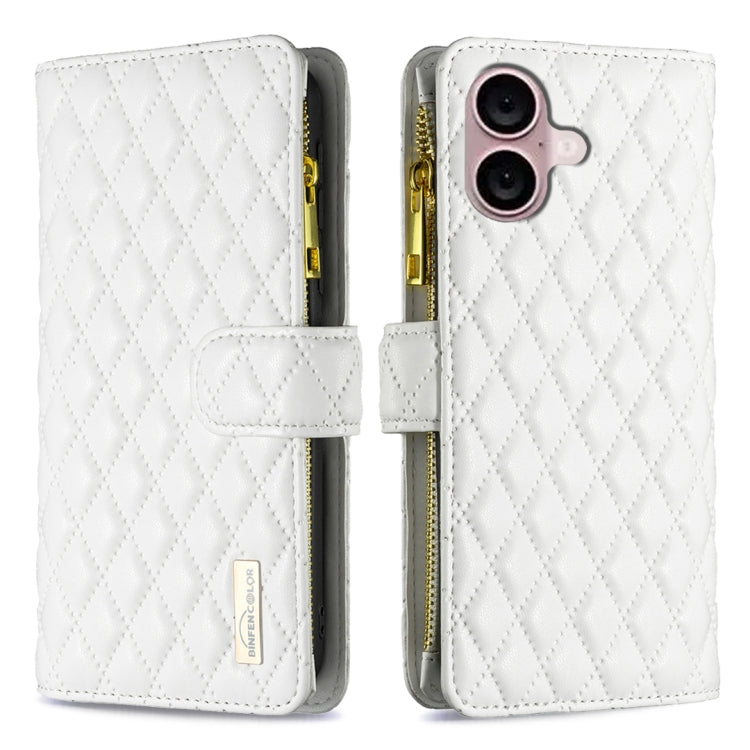 ダイヤモンド格子柄 ファスナー付き財布 レザーフリップフォンケース、iPhone 17 Pro Max用、iPhone 17 Pro用、iPhone 17用、iPhone Air用、iPhone 16 Pro Max用、iPhone 16 Pro用、iPhone 16 Plus用、iPhone 16用