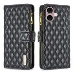 ダイヤモンド格子柄 ファスナー付き財布 レザーフリップフォンケース、iPhone 17 Pro Max用、iPhone 17 Pro用、iPhone 17用、iPhone Air用、iPhone 16 Pro Max用、iPhone 16 Pro用、iPhone 16 Plus用、iPhone 16用