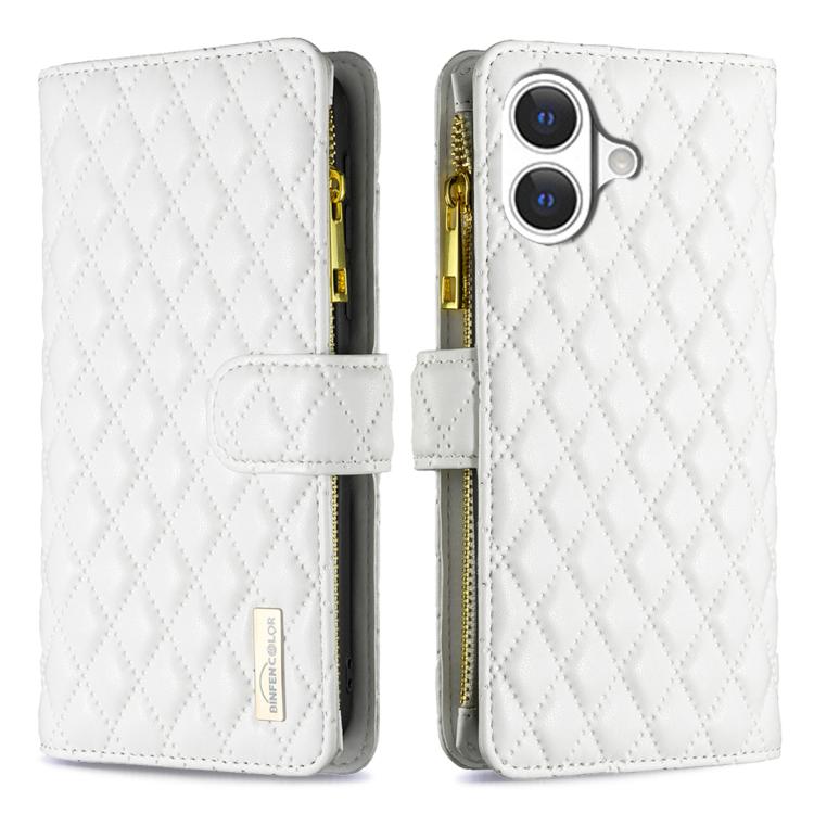 ダイヤモンド格子柄 ファスナー付き財布 レザーフリップフォンケース、iPhone 17 Pro Max用、iPhone 17 Pro用、iPhone 17用、iPhone Air用、iPhone 16 Pro Max用、iPhone 16 Pro用、iPhone 16 Plus用、iPhone 16用