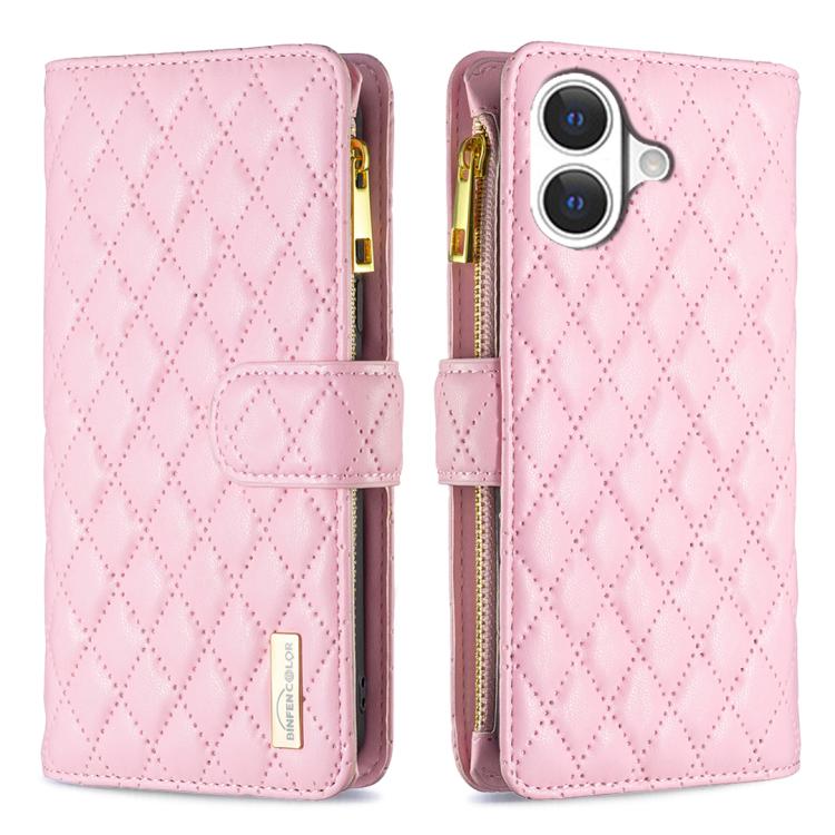 ダイヤモンド格子柄 ファスナー付き財布 レザーフリップフォンケース、iPhone 17 Pro Max用、iPhone 17 Pro用、iPhone 17用、iPhone Air用、iPhone 16 Pro Max用、iPhone 16 Pro用、iPhone 16 Plus用、iPhone 16用