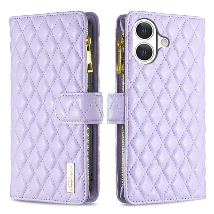 ダイヤモンド格子柄 ファスナー付き財布 レザーフリップフォンケース、iPhone 17 Pro Max用、iPhone 17 Pro用、iPhone 17用、iPhone Air用、iPhone 16 Pro Max用、iPhone 16 Pro用、iPhone 16 Plus用、iPhone 16用