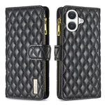 ダイヤモンド格子柄 ファスナー付き財布 レザーフリップフォンケース、iPhone 17 Pro Max用、iPhone 17 Pro用、iPhone 17用、iPhone Air用、iPhone 16 Pro Max用、iPhone 16 Pro用、iPhone 16 Plus用、iPhone 16用