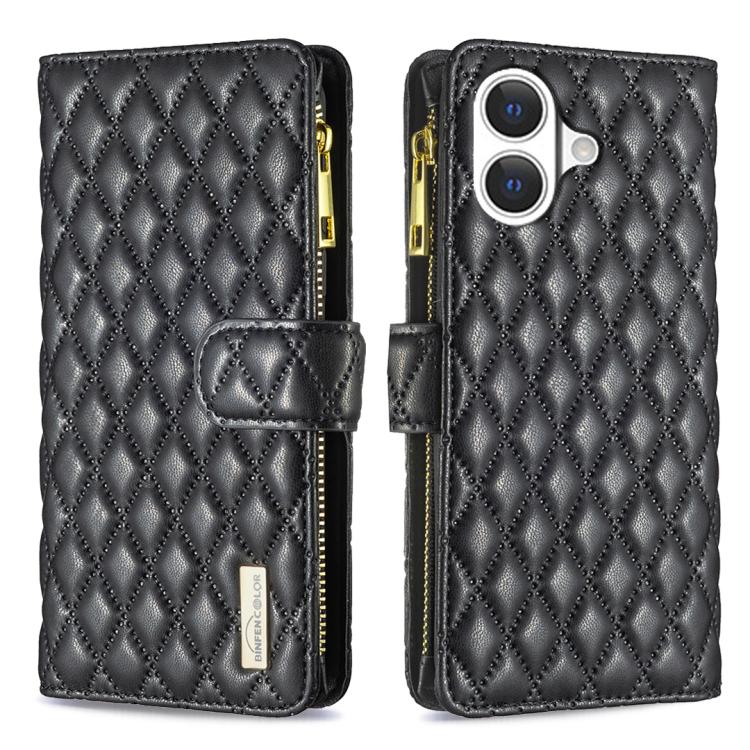 ダイヤモンド格子柄 ファスナー付き財布 レザーフリップフォンケース、iPhone 17 Pro Max用、iPhone 17 Pro用、iPhone 17用、iPhone Air用、iPhone 16 Pro Max用、iPhone 16 Pro用、iPhone 16 Plus用、iPhone 16用