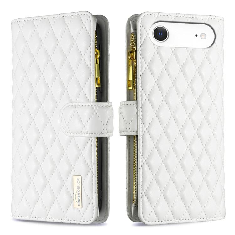 ダイヤモンド格子柄 ファスナー付き財布 レザーフリップフォンケース、iPhone 17 Pro Max用、iPhone 17 Pro用、iPhone 17用、iPhone Air用、iPhone 16 Pro Max用、iPhone 16 Pro用、iPhone 16 Plus用、iPhone 16用