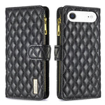 ダイヤモンド格子柄 ファスナー付き財布 レザーフリップフォンケース、iPhone 17 Pro Max用、iPhone 17 Pro用、iPhone 17用、iPhone Air用、iPhone 16 Pro Max用、iPhone 16 Pro用、iPhone 16 Plus用、iPhone 16用