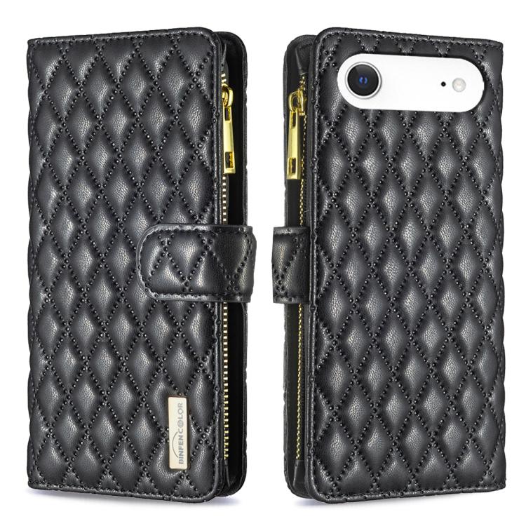 ダイヤモンド格子柄 ファスナー付き財布 レザーフリップフォンケース、iPhone 17 Pro Max用、iPhone 17 Pro用、iPhone 17用、iPhone Air用、iPhone 16 Pro Max用、iPhone 16 Pro用、iPhone 16 Plus用、iPhone 16用