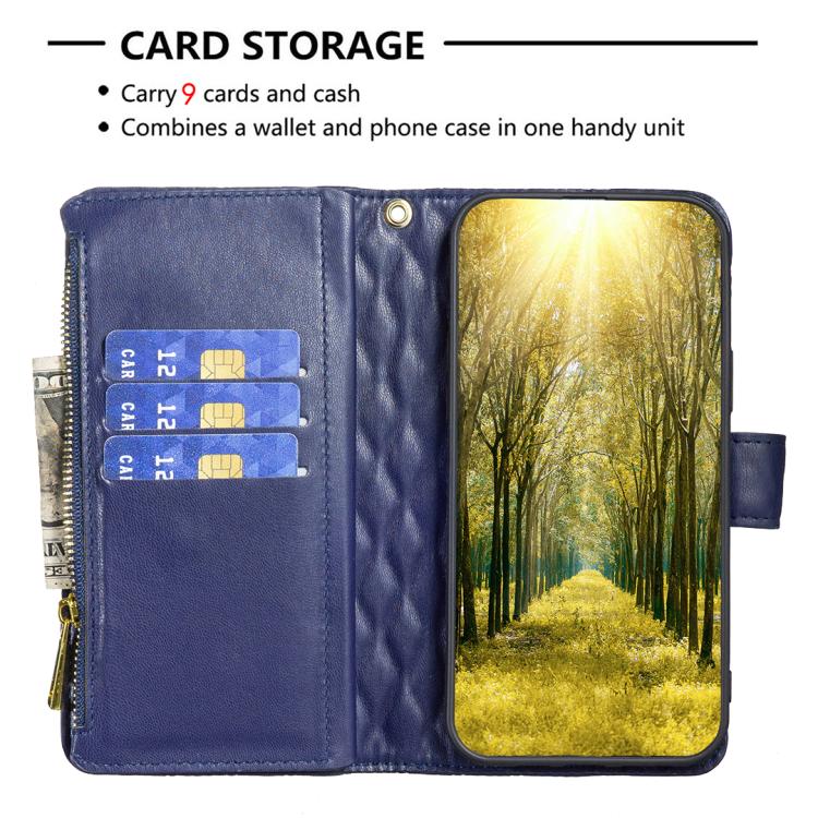 ダイヤモンド格子柄 ファスナー付き財布 レザーフリップフォンケース、iPhone 17 Pro Max用、iPhone 17 Pro用、iPhone 17用、iPhone Air用、iPhone 16 Pro Max用、iPhone 16 Pro用、iPhone 16 Plus用、iPhone 16用