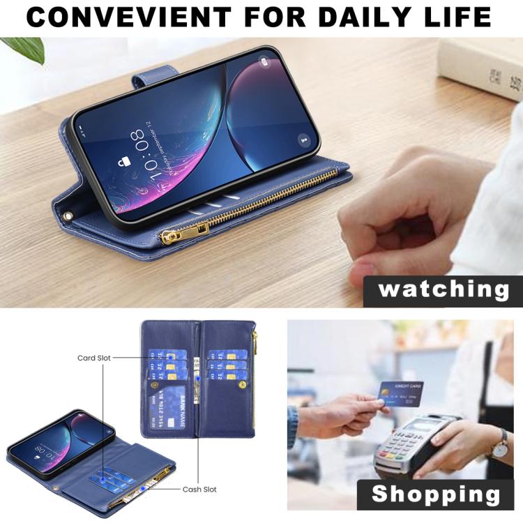 ダイヤモンド格子柄 ファスナー付き財布 レザーフリップフォンケース、iPhone 17 Pro Max用、iPhone 17 Pro用、iPhone 17用、iPhone Air用、iPhone 16 Pro Max用、iPhone 16 Pro用、iPhone 16 Plus用、iPhone 16用