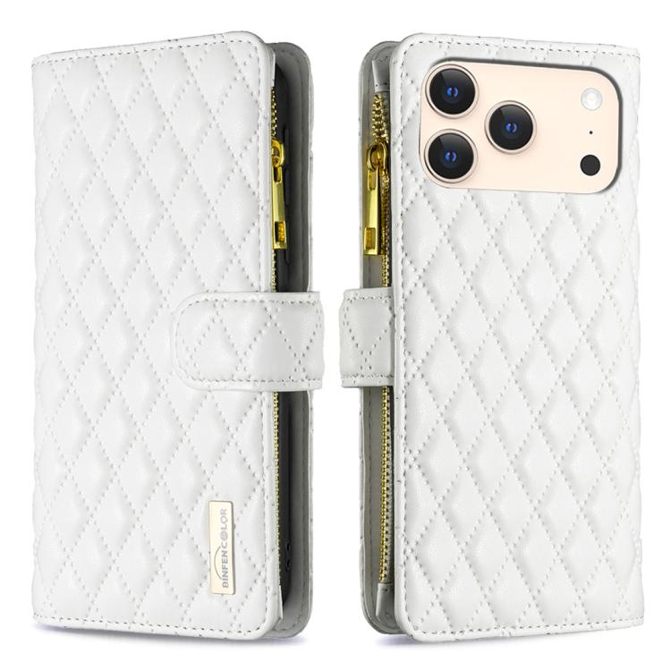 ダイヤモンド格子柄 ファスナー付き財布 レザーフリップフォンケース、iPhone 17 Pro Max用、iPhone 17 Pro用、iPhone 17用、iPhone Air用、iPhone 16 Pro Max用、iPhone 16 Pro用、iPhone 16 Plus用、iPhone 16用