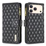 ダイヤモンド格子柄 ファスナー付き財布 レザーフリップフォンケース、iPhone 17 Pro Max用、iPhone 17 Pro用、iPhone 17用、iPhone Air用、iPhone 16 Pro Max用、iPhone 16 Pro用、iPhone 16 Plus用、iPhone 16用