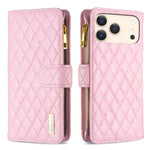 ダイヤモンド格子柄 ファスナー付き財布 レザーフリップフォンケース、iPhone 17 Pro Max用、iPhone 17 Pro用、iPhone 17用、iPhone Air用、iPhone 16 Pro Max用、iPhone 16 Pro用、iPhone 16 Plus用、iPhone 16用