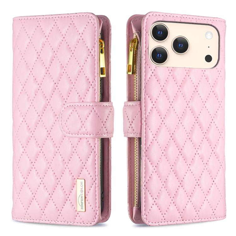 ダイヤモンド格子柄 ファスナー付き財布 レザーフリップフォンケース、iPhone 17 Pro Max用、iPhone 17 Pro用、iPhone 17用、iPhone Air用、iPhone 16 Pro Max用、iPhone 16 Pro用、iPhone 16 Plus用、iPhone 16用