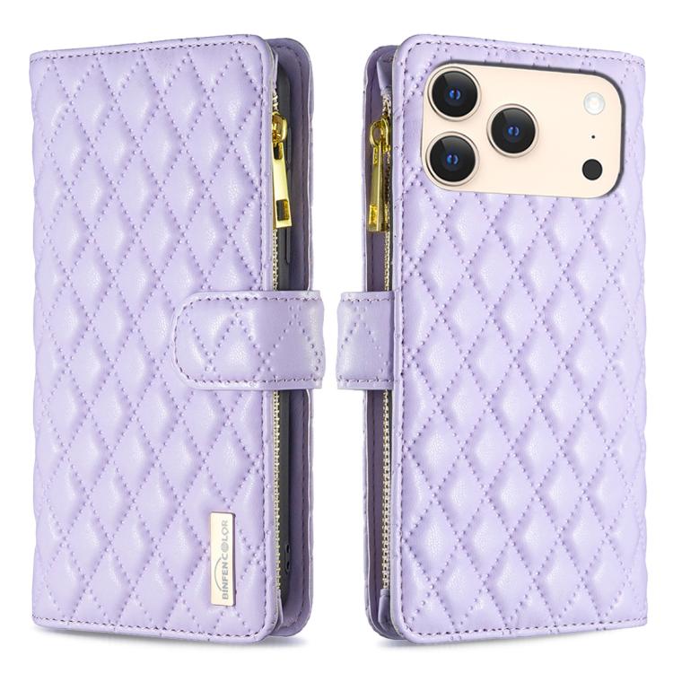 ダイヤモンド格子柄 ファスナー付き財布 レザーフリップフォンケース、iPhone 17 Pro Max用、iPhone 17 Pro用、iPhone 17用、iPhone Air用、iPhone 16 Pro Max用、iPhone 16 Pro用、iPhone 16 Plus用、iPhone 16用
