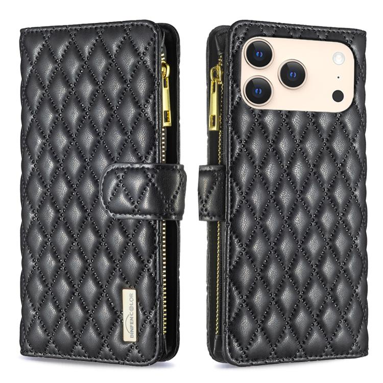 ダイヤモンド格子柄 ファスナー付き財布 レザーフリップフォンケース、iPhone 17 Pro Max用、iPhone 17 Pro用、iPhone 17用、iPhone Air用、iPhone 16 Pro Max用、iPhone 16 Pro用、iPhone 16 Plus用、iPhone 16用