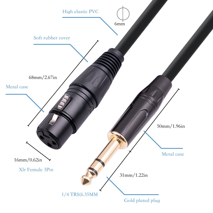 6.35mm 1/4 TRSオスからXLR 3ピンメスメイクロフォンケーブル、1m、1.8m、3m、5m、10m