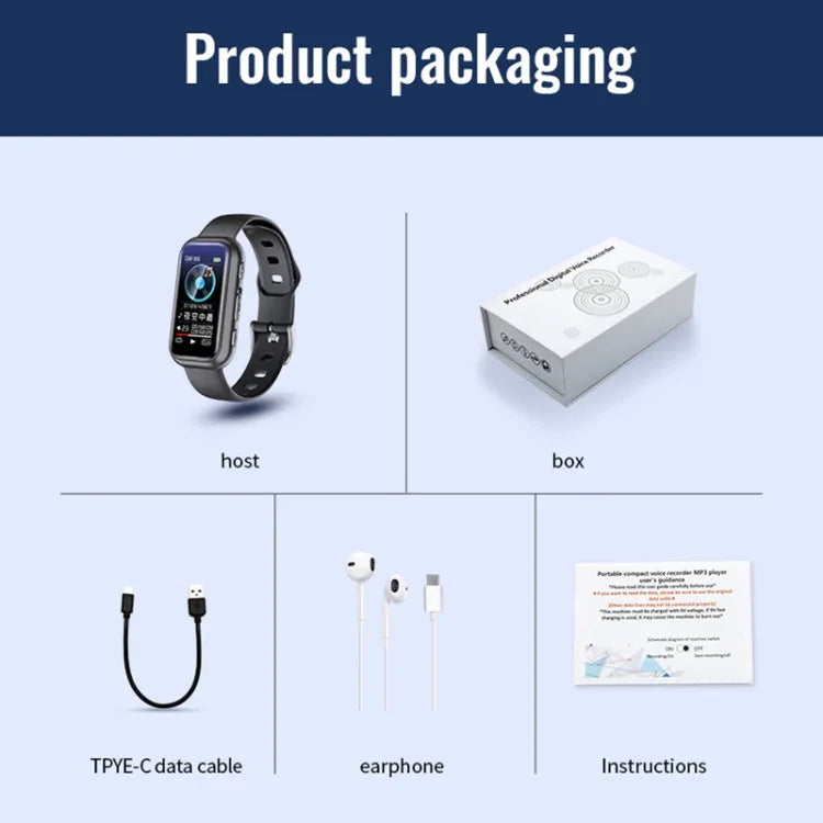 JNN S16 Smart HD Noise Reduction Bluetooth MP3 Voice Control Recording Bracelet, 4GB, 8GB, 16GB, 32GB, 64GB