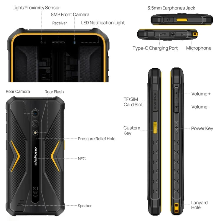 Ulefone Armor X12 Pro、IP68/IP69K 耐衝撃スマホ、5.45インチ Android 15 MediaTek Helio G36 オクタコア、ネットワーク：4G、NFC、4GB+64GB