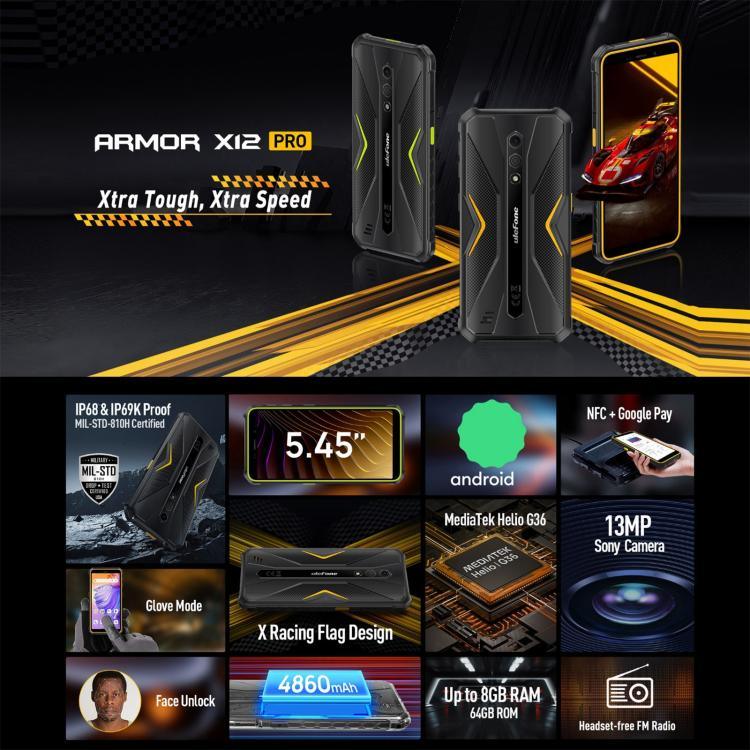 Ulefone Armor X12 Pro、IP68/IP69K 耐衝撃スマホ、5.45インチ Android 15 MediaTek Helio G36 オクタコア、ネットワーク：4G、NFC、4GB+64GB