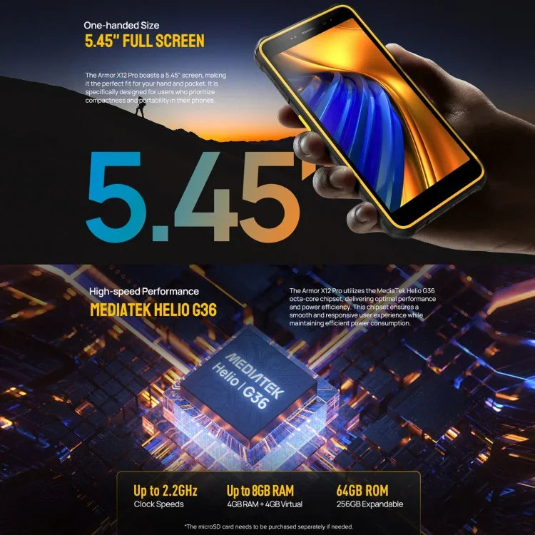 Ulefone Armor X12 Pro、IP68/IP69K 耐衝撃スマホ、5.45インチ Android 15 MediaTek Helio G36 オクタコア、ネットワーク：4G、NFC、4GB+64GB