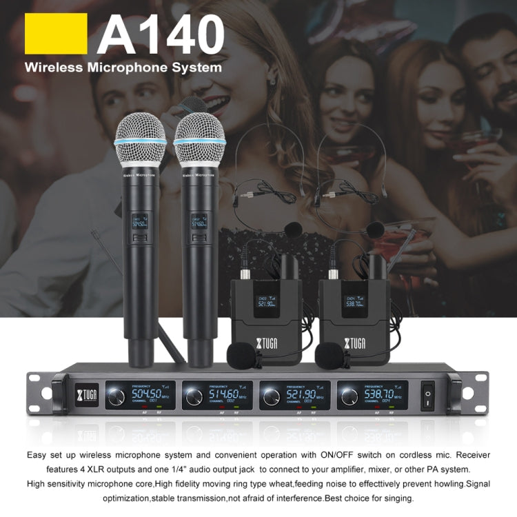 XTUGA A140-B ワイヤレスマイクシステム 4ボディパック ヘッドセットラベリアマイク、A140-B