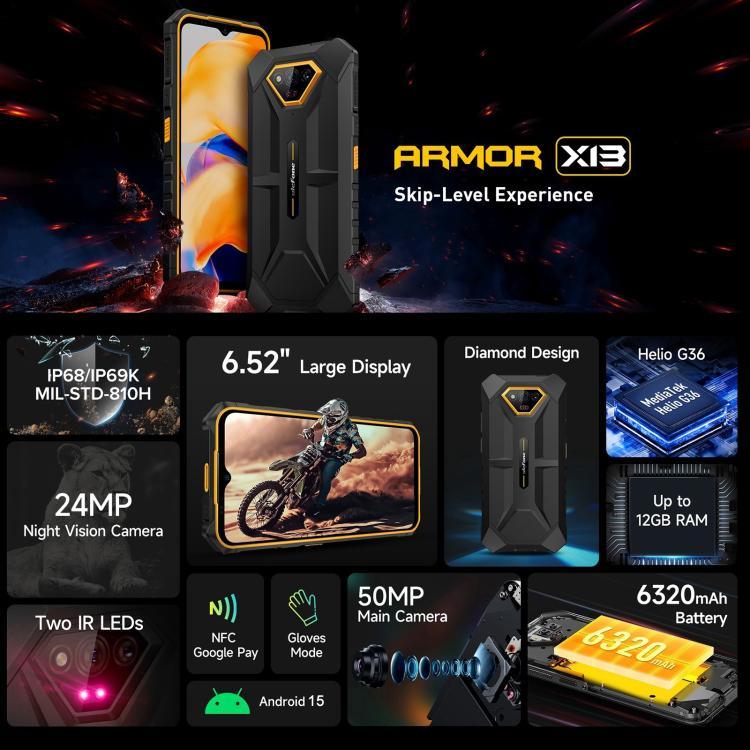 Ulefone Armor X13、IP68/IP69K 耐衝撃スマホ、6.52インチ Android 15 MediaTek Helio G36 オクタコア、ネットワーク：4G、NFC、OTG、6GB+64GB