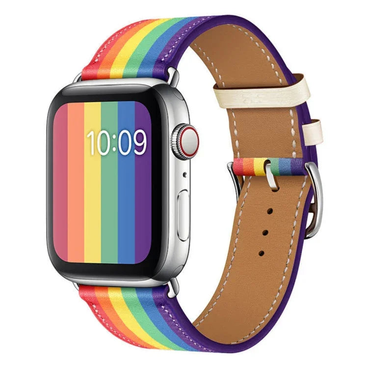 レインボーレザーウォッチバンド、Apple Watch Series 7 41mm / 6 & SE & 5 & 4 40mm / 3 & 2 & 1 38mm 用、Apple Watch Series 7 45mm / 6 & SE & 5 & 4 44mm / 3 & 2 & 1 42mm 用