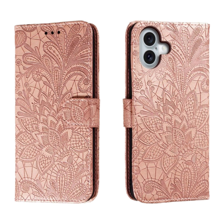 レースフラワーエンボスフリップレザー電話ケース、iPhone 17e / 16e用、iPhone 17 Pro Max用、iPhone 17 Pro用、iPhone 17用、iPhone Air用、iPhone 16 Pro Max用、iPhone 16 Pro用、iPhone 16 Plus用