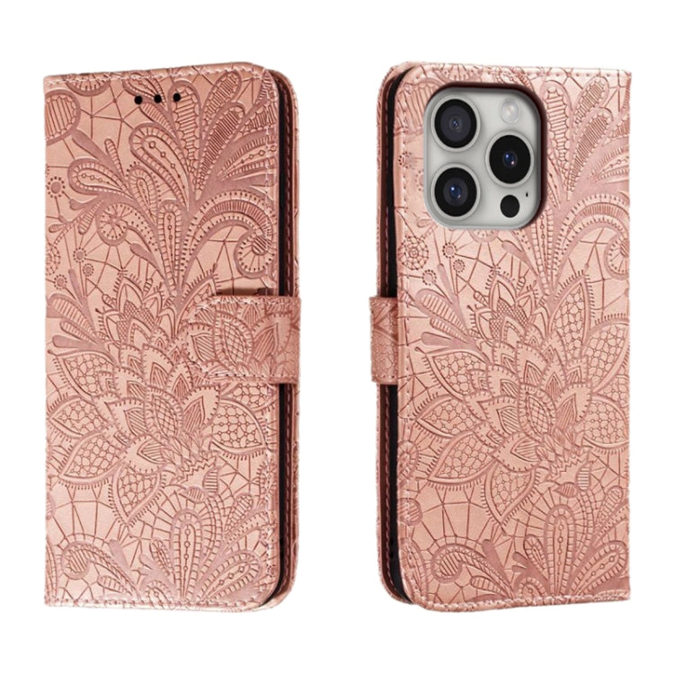 レースフラワーエンボスフリップレザー電話ケース、iPhone 17e / 16e用、iPhone 17 Pro Max用、iPhone 17 Pro用、iPhone 17用、iPhone Air用、iPhone 16 Pro Max用、iPhone 16 Pro用、iPhone 16 Plus用