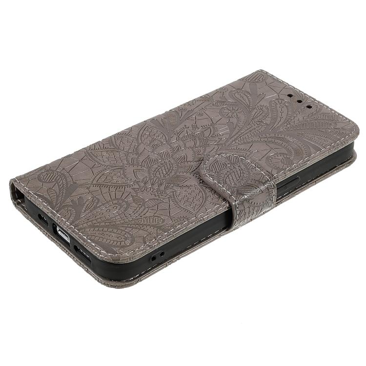 レースフラワーエンボスフリップレザー電話ケース、iPhone 17e / 16e用、iPhone 17 Pro Max用、iPhone 17 Pro用、iPhone 17用、iPhone Air用、iPhone 16 Pro Max用、iPhone 16 Pro用、iPhone 16 Plus用