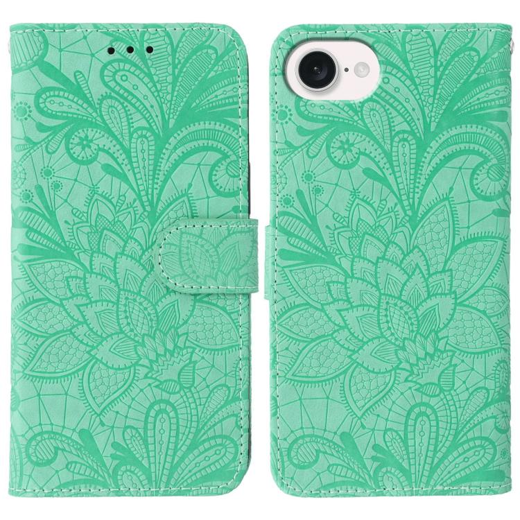 レースフラワーエンボスフリップレザー電話ケース、iPhone 17e / 16e用、iPhone 17 Pro Max用、iPhone 17 Pro用、iPhone 17用、iPhone Air用、iPhone 16 Pro Max用、iPhone 16 Pro用、iPhone 16 Plus用
