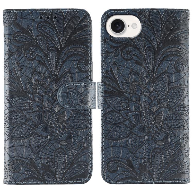 レースフラワーエンボスフリップレザー電話ケース、iPhone 17e / 16e用、iPhone 17 Pro Max用、iPhone 17 Pro用、iPhone 17用、iPhone Air用、iPhone 16 Pro Max用、iPhone 16 Pro用、iPhone 16 Plus用