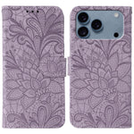レースフラワーエンボスフリップレザー電話ケース、iPhone 17e / 16e用、iPhone 17 Pro Max用、iPhone 17 Pro用、iPhone 17用、iPhone Air用、iPhone 16 Pro Max用、iPhone 16 Pro用、iPhone 16 Plus用