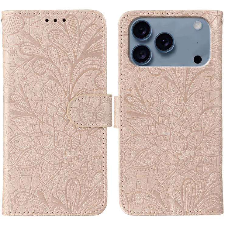 レースフラワーエンボスフリップレザー電話ケース、iPhone 17e / 16e用、iPhone 17 Pro Max用、iPhone 17 Pro用、iPhone 17用、iPhone Air用、iPhone 16 Pro Max用、iPhone 16 Pro用、iPhone 16 Plus用