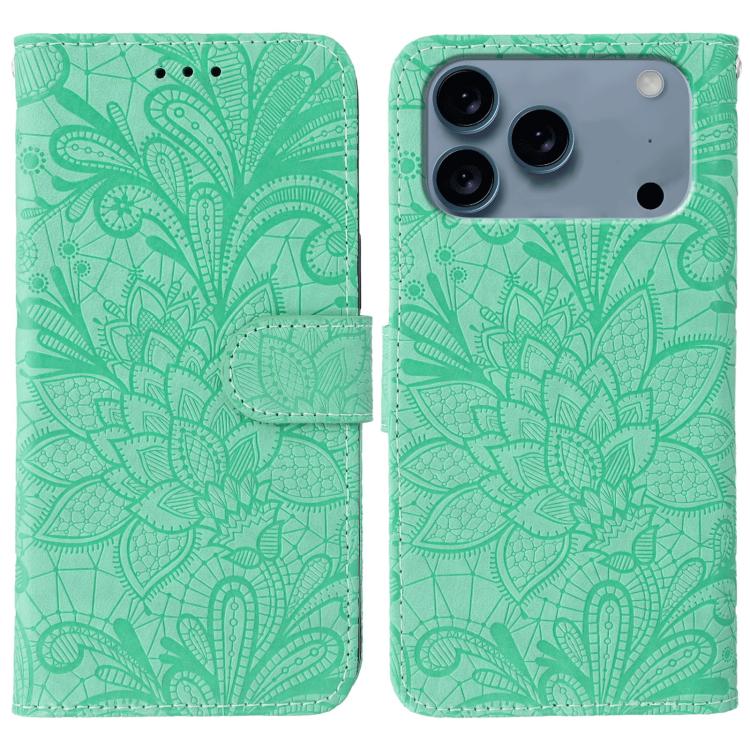 レースフラワーエンボスフリップレザー電話ケース、iPhone 17e / 16e用、iPhone 17 Pro Max用、iPhone 17 Pro用、iPhone 17用、iPhone Air用、iPhone 16 Pro Max用、iPhone 16 Pro用、iPhone 16 Plus用