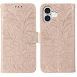 レースフラワーエンボスフリップレザー電話ケース、iPhone 17e / 16e用、iPhone 17 Pro Max用、iPhone 17 Pro用、iPhone 17用、iPhone Air用、iPhone 16 Pro Max用、iPhone 16 Pro用、iPhone 16 Plus用