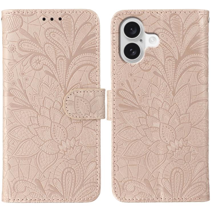 レースフラワーエンボスフリップレザー電話ケース、iPhone 17e / 16e用、iPhone 17 Pro Max用、iPhone 17 Pro用、iPhone 17用、iPhone Air用、iPhone 16 Pro Max用、iPhone 16 Pro用、iPhone 16 Plus用